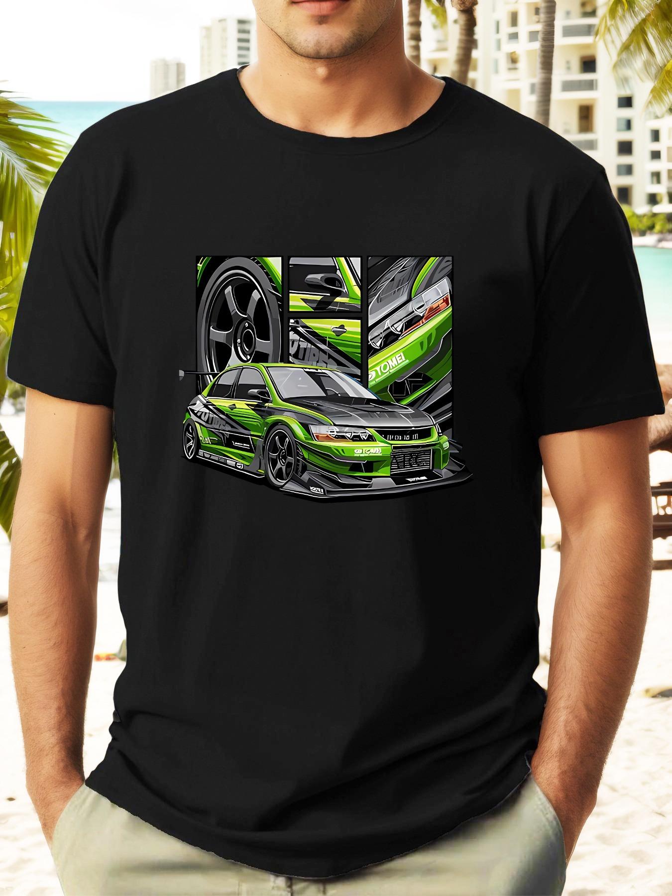 Green Racing Car Graphic T-shirt - Casual Summer Short Sleeve Crew Neck Tee with Orange and White Design S