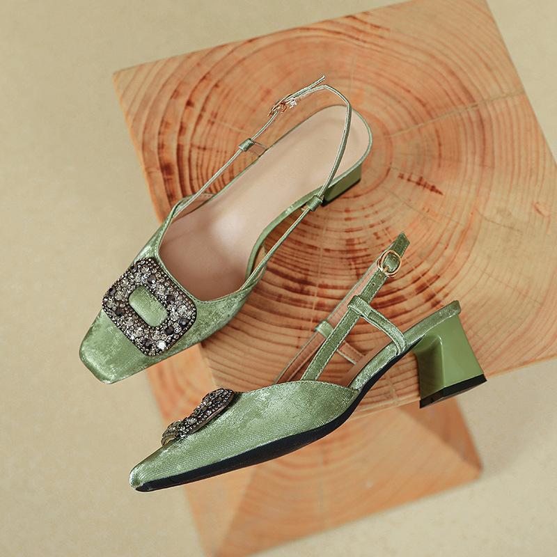 

Французские сандалии с сумкой на носке женские 2025 новые на среднем толстом каблуке туфли-лодочки с пустым квадратным носком на высоком каблуке женские летние 40 зелёный