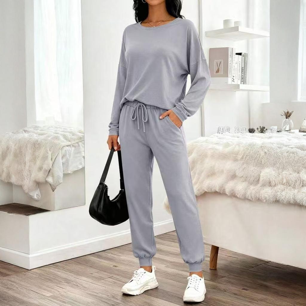 Damen Zweiteiler Langarm-Oberteil und Hose mit Kordelzug Lässiges Lounge-Outfit Weicher Stoff Lockere Passform für den täglichen Gebrauch