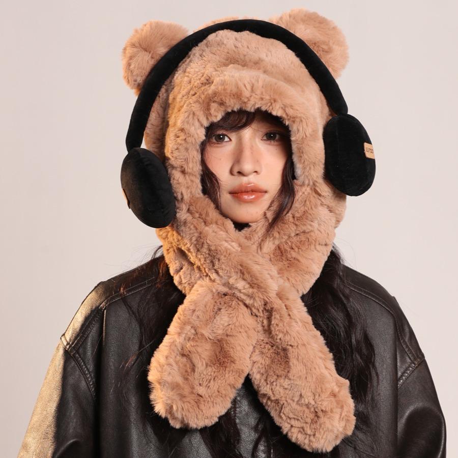 Autumn and Winter Cute Plush Earphones Bear Scarf One Piece Hat Warm Ear Protection Hat Anti Cold Wave