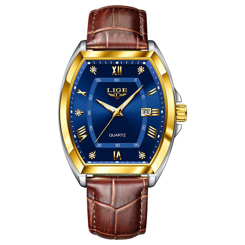 

LIGE Мужские часы Роскошные Оригинальные Топ Бренд Кожа Водонепроницаемые Светящиеся Бриллиантовый Циферблат Дата Мужские Кварцевые Часы золотой/синий