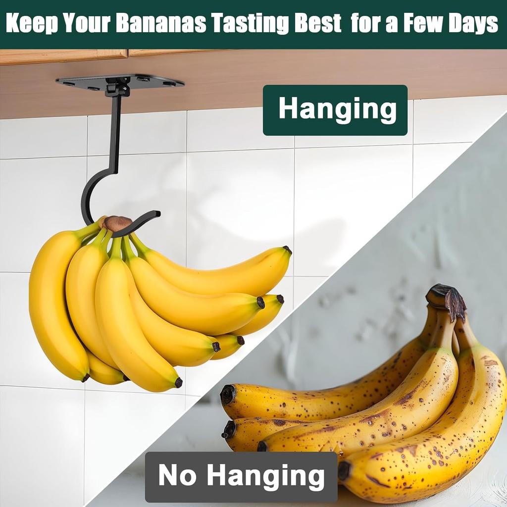 Banana Hook Under Cabinet, Foldable Metal Banana Hanger to Keep Bananas Fresh, Banana Holder Under Cabinet for Bananas or Other Kitchen Items (Black)