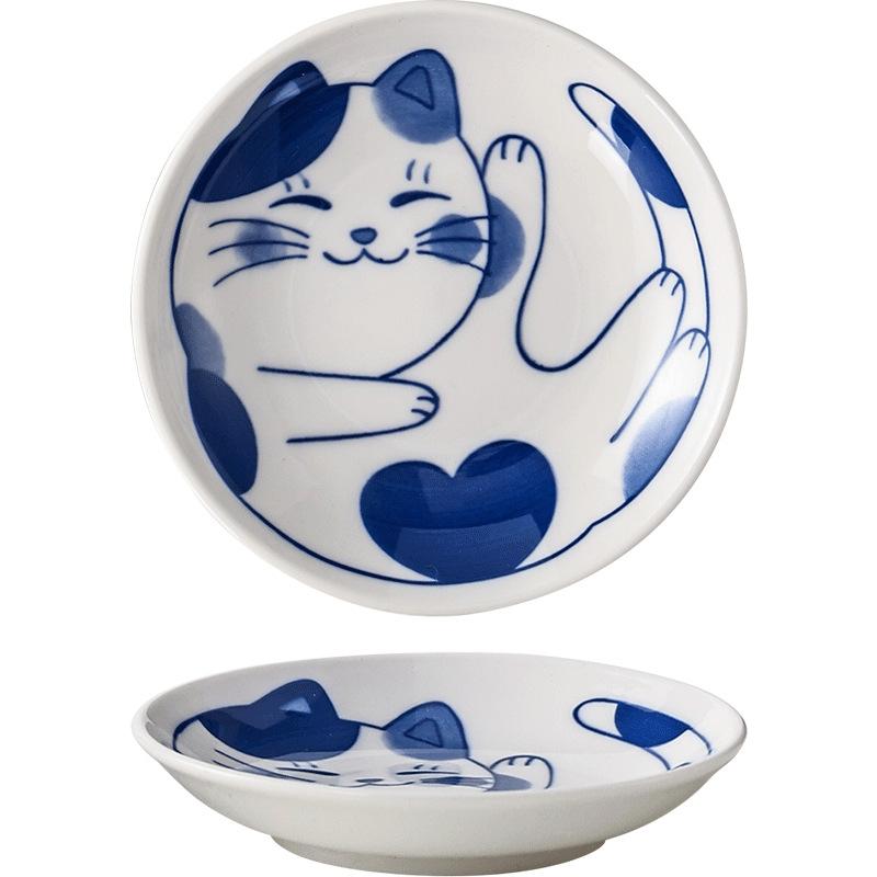 4pcs Ceramic Sauce Dishes Sushi Plate Tableware Japanese Style Dessert Creative Cute Cartoon Lucky Cat Pattern Spice Plate