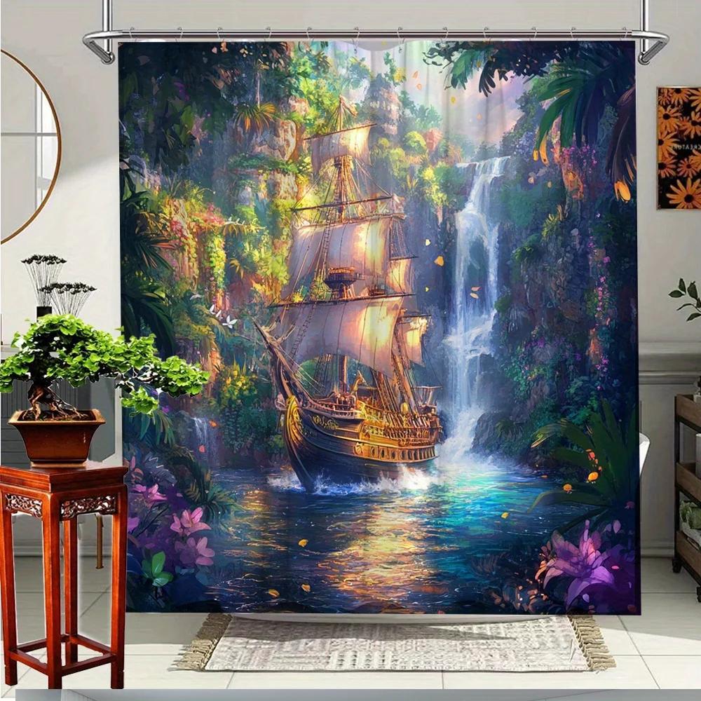 

1Pc Scenic Sailboat Shower Curtain With Beautiful Nature Landscape Polyester Fabric For Bathroom Decoration Includes 12 Hooks 70 W60H190(CM)-1 Pcs