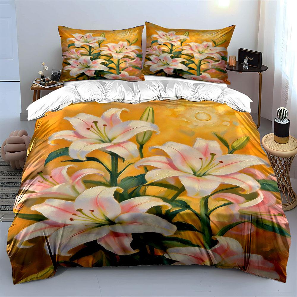 White Lilies with Leaves. Bedding Sets Duvet Cover Sets Duvet Covers Pillowcases(1 * Duvet Cover 2 * Pillowcases Without Duvet Insert)