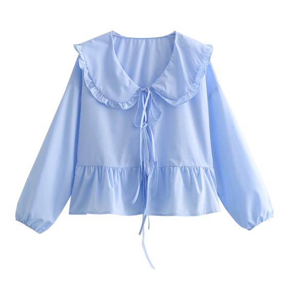 Letní ležérní košile s dlouhým rukávem a klopou, krajkovým zapínáním, jednobarevná volánová lemová volná košile s topy