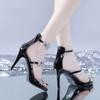 Summer New Sandals Women's Thin Heel Love Rhinestone One-word Strap High Heels Women's Shoes