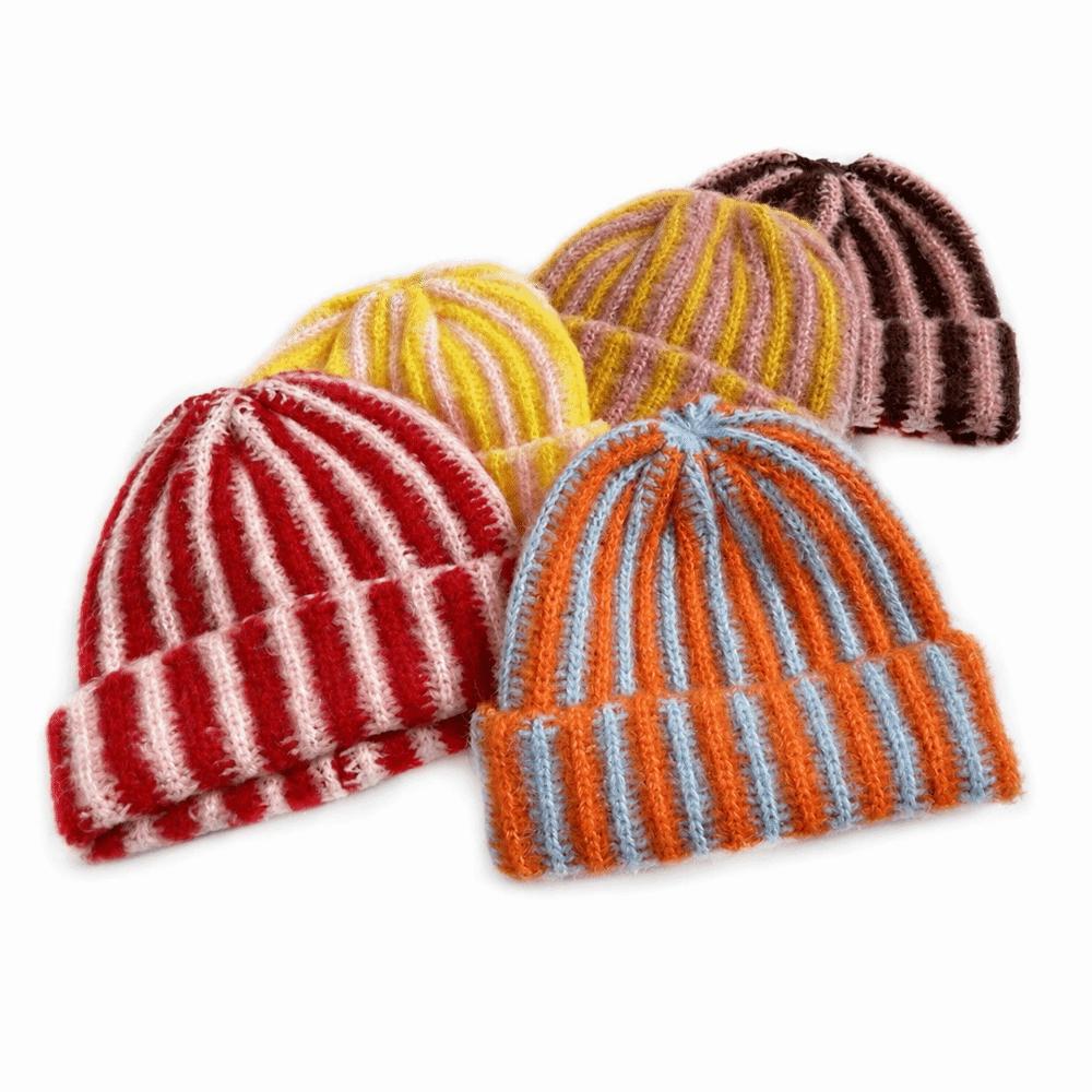 Color Blocked Ribbed Knit Cap Thick Warm Hat Brimless Striped Beanie Hat  Outdoor