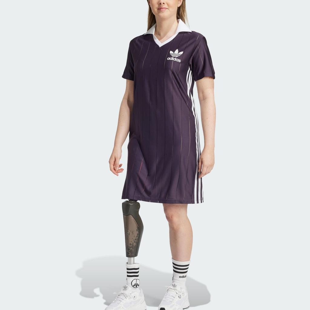 Adidas Originals Adicolor Pinstripe Dress Retro Sport Stripe Design Fashion Short Sleeve Dress Women Dresses Purple IZ3199