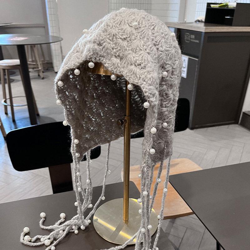 Pearl Tassel Pendant Red Hollow Wool Hat Women's Spring and Autumn Bohemian Style Knitted Pullover Hat