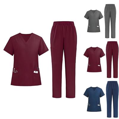 Ladies' Loose And Comfortable V,neck Short Sleeved Workwear With Multiple Pockets Suit Set