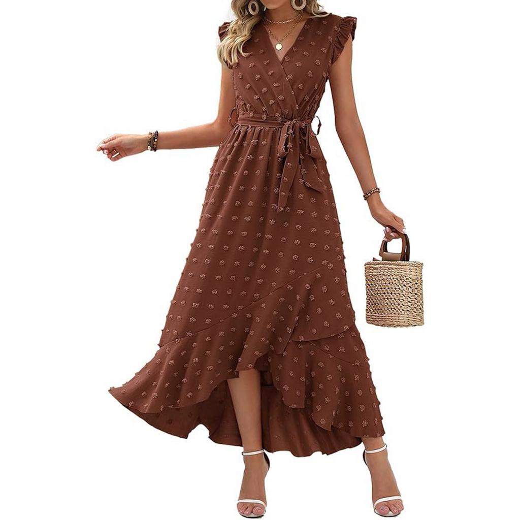 Women's Summer Fashion Ruffle Sleeve Solid Color Polka Dot Boho Waist Dresses