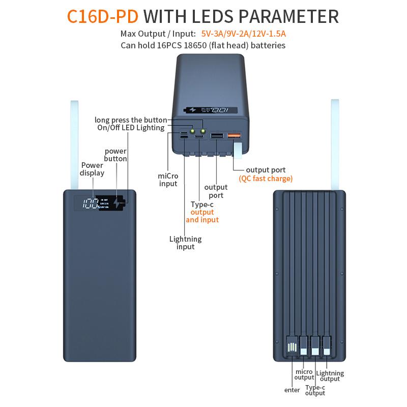 C16D 5V USB כפול USB 16*18650 מארז Power Bank C16D עם 4 חוטים LEDs תאורת עשה זאת בעצמך קופסה ניתנת להסרה QC3.0 טעינת סוללה קופסאות אחסון