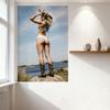 Sexy Woman on Rock Waterfront Tin Sign Vintage Metal Poster for Bar Pub Home Wall Decor with Beach Cowboy Boots Toned Glutes Sce