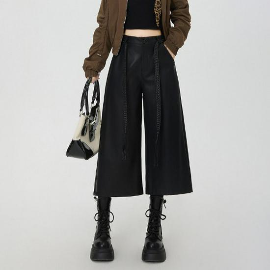 

Plus Size Coffee PU Leather Wide-Leg Pants - Women s High-Waisted, Bootcut, Mid-Length for Spring and Autumn. 3XL