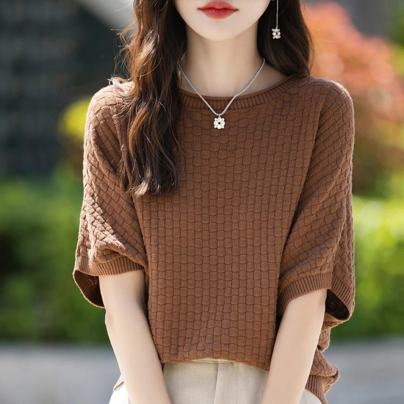 Pure Cotton Round Neck Sweater Short-sleeved Womens Summer Updated Stylishable Versatile Mid-sleeved T-shirt Stylishable Top