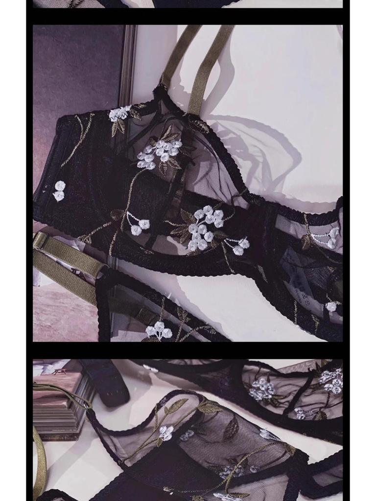 Conjunto de sujetador sexy de encaje francés con bordado: Diseño Adelgazante Transparente para Pechos Grandes o Pequeños, Reduce la Grasa Lateral, Efecto Recogido Ultradelgado