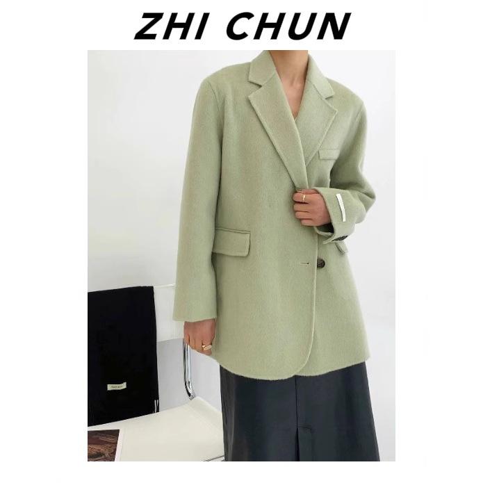 Green suit short suit double-sided wool coat loose and fresh age-reducing temperament autumn and winter coat new