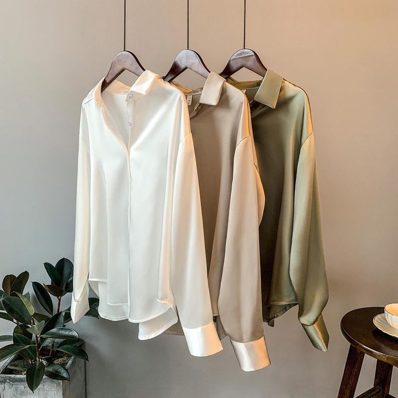 Long Sleeves Satin Shirt Women's Stylish Fashion New Spring & Fall Drape Retro Hong Kong Style Loose Tops Shirt