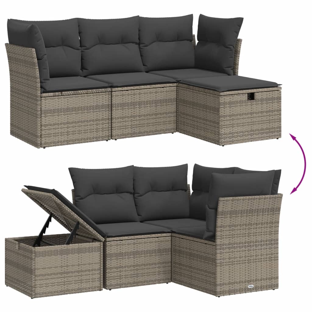4 Piece Grey Outdoor Sofa Set with Cushions Poly Rattan