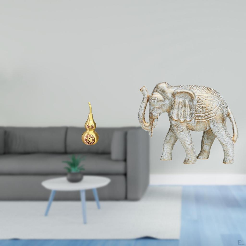Brass Gourd And Wooden Elephant Statue Feng Shui Ornament Rustic Animal Figurine Souvenir