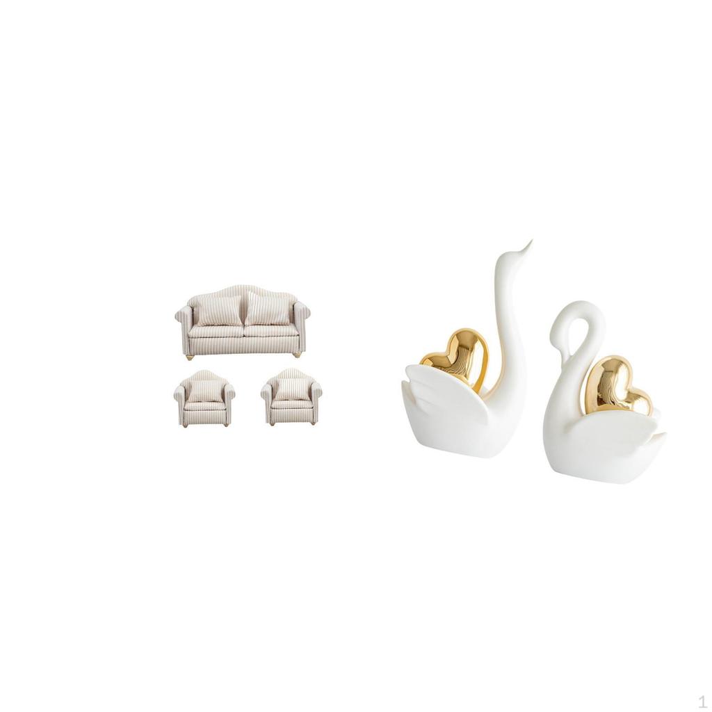 Dollhouse Couch And Swan Figurines Pretend Play Ornaments with Pillows Fairy Garden Furniture Art