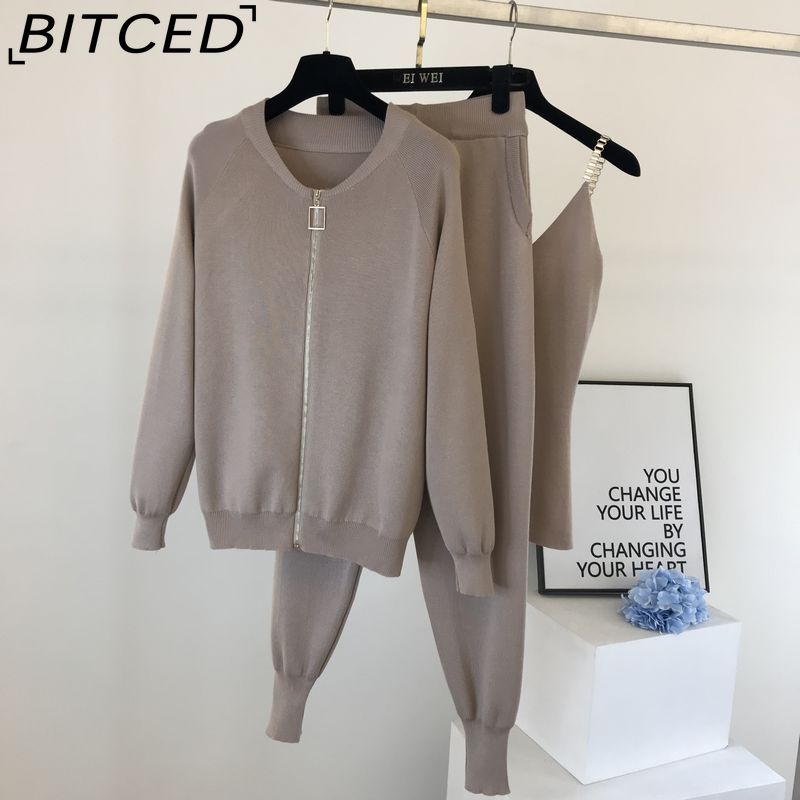 BITCED Women's Vest Knitted Jacket + Small Leg Elastic Pants Three-piece Set