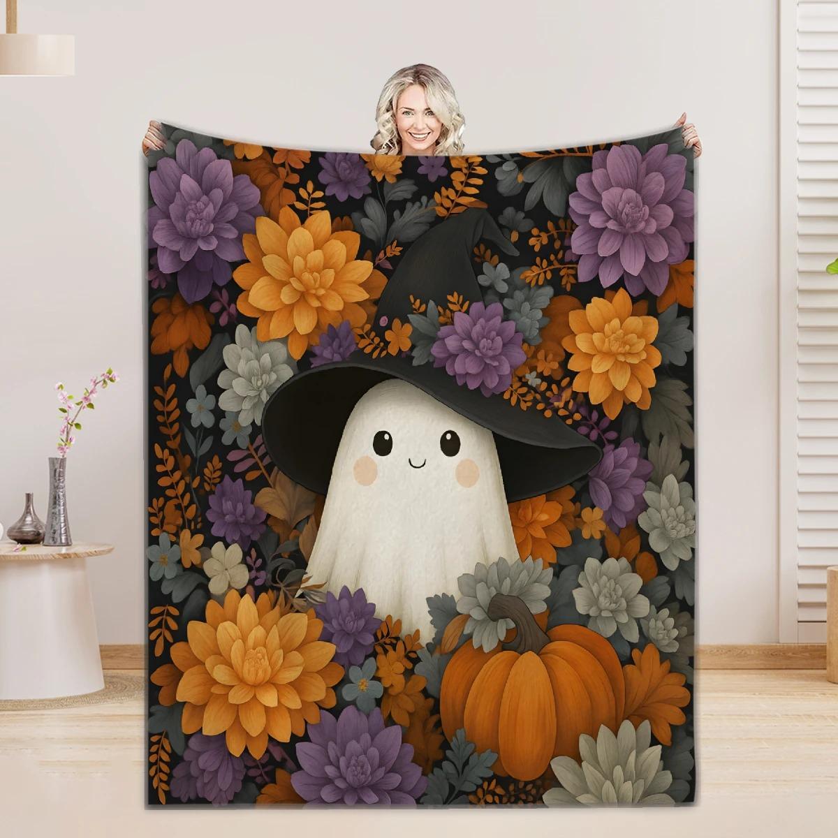 

1pc Happy Halloween Blanket Lovely Ghost Flowers 3D Print Flannel Blanket for Home Living Room Decoration Halloween Party Gift 70x100cm білий
