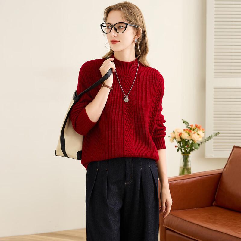 TUHUANG Women s Cable Knit 100% Wool Half-Turtleneck Sweater One Size