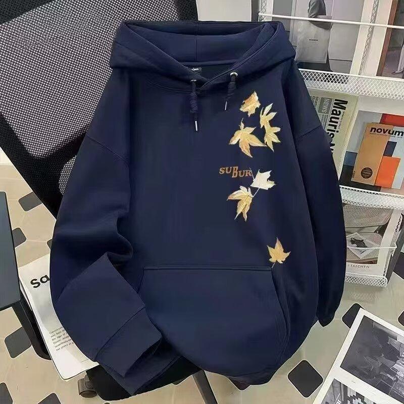 Vintage Maple Leaf Print Hooded Sweater for Men and Women, Autumn and Winter Loose and Versatile Velvet Thickened Coat Top Tide