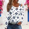 Women Plus Size Asymmetric Cutout Neck Cold Shoulder Long Sleeve Navy Geometric Printed Top