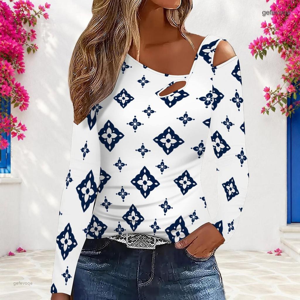 Women Plus Size Asymmetric Cutout Neck Cold Shoulder Long Sleeve Navy Geometric Printed Top