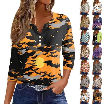 Women's T Shirt Tee Halloween Print Button  3/4 Sleeve Daily Weekend Fashion Basic V- Neck Regular Top