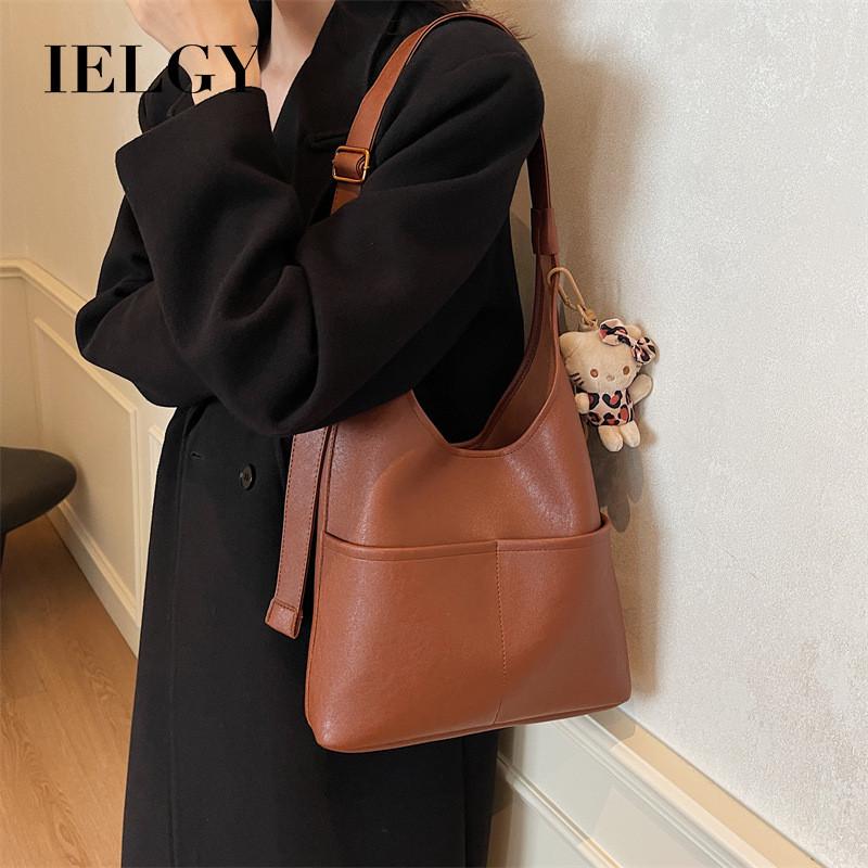 IELGY Soft Leather Lazy Style Tote Bag Ladies Retro Commuter Underarm Large Capacity Fashion Bucket Bag