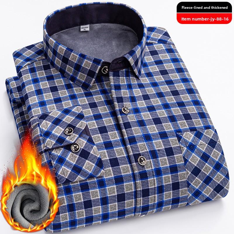 Plus Size Men's Thermal Shirt Men's Winter Fleece-Lined Thickened Checkered Long-Sleeved Shirt