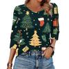 Women's Fashion Casual 3/4 Christmas Print Color Shirt Women's Round Neck Tops