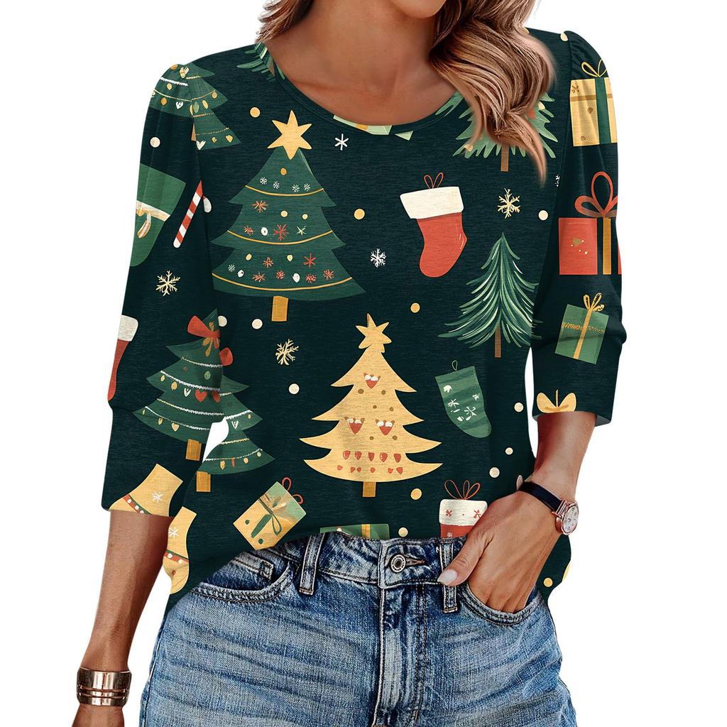 Women's Fashion Casual 3/4 Christmas Print Color Shirt Women's Round Neck Tops