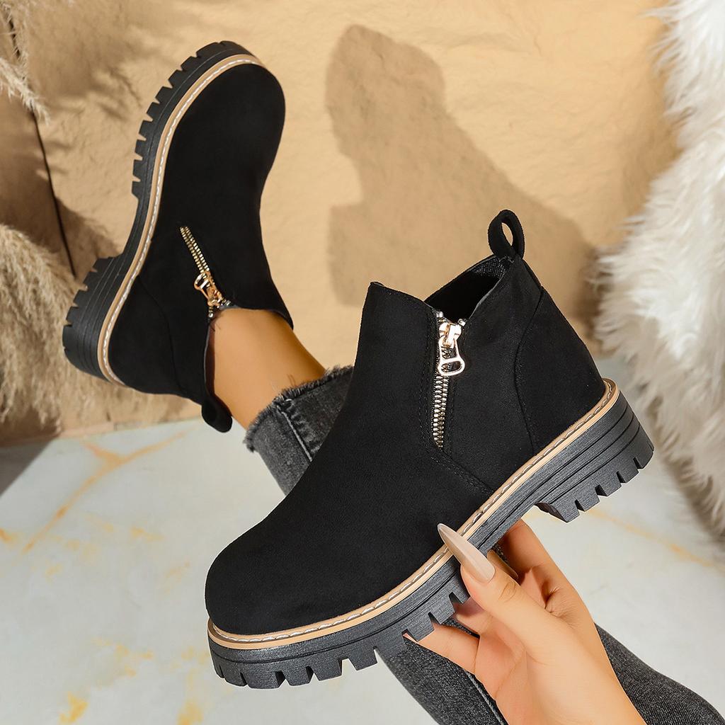 Damen Stiefeletten mit runder Zehenpartie, Martin Boots mit Blockabsatz und seitlichem Reißverschluss, Herbst Winter Kurzstiefel für Damen