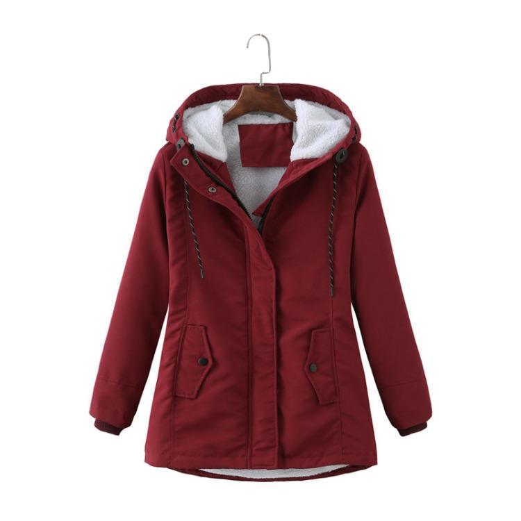 Warm Padded Cotton Coat Jacket Womens Fashion Solid Colour Hooded Autumn Winter