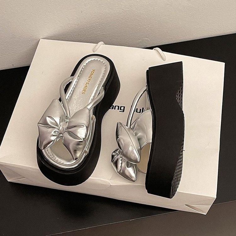 Bow Thick Bottom Heightening 7CM Slippers Women's Summer Wear Fashion Fairy Style 2025 New One-word Sandals