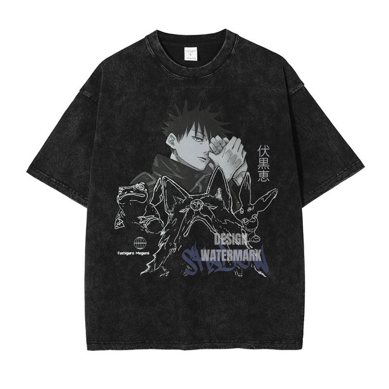 Anime Jujutsu Kaisen Gojo Satoru Cool Graphic T Shirt Men Manga Washed T-shirts Oversized Cotton Tshirt Harajuku Male Casual Top