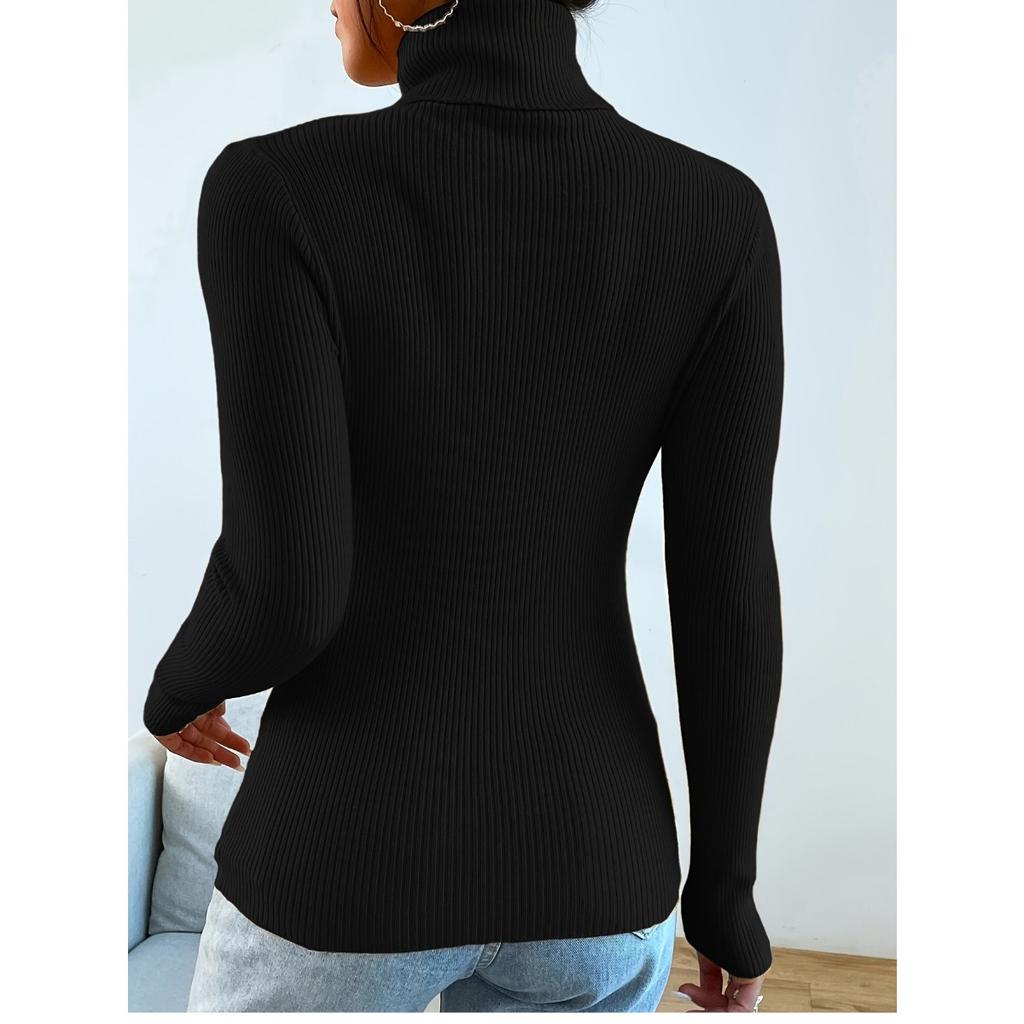 New Women's Solid Turtleneck Sweater, Long Sleeve Pullover Knit Top Casual Basic Base Layer for Women, European American Fashion