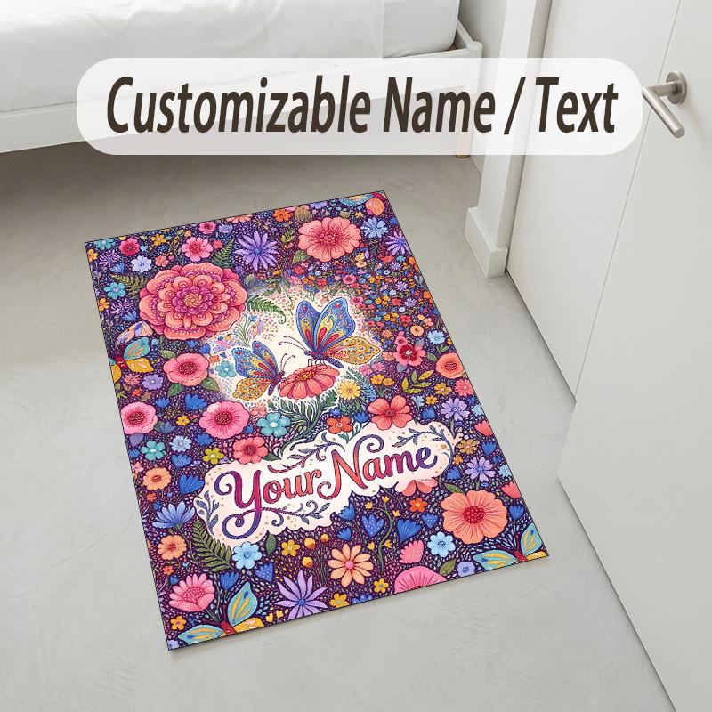 Floral Garden Theme Crystal Velvet Rug Personalized Custom Name Text Soft Floor Mat Home Decor