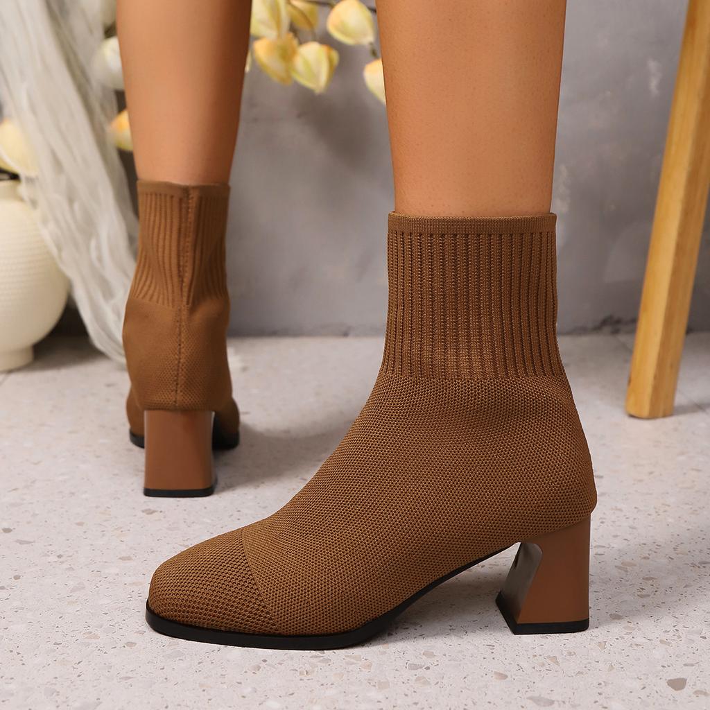 Classic Simple Solid Stretch Sock Boots Women Autumn Elegant Square Toe High Heel Booties Slip On Elastic Knitted Ankle Boots