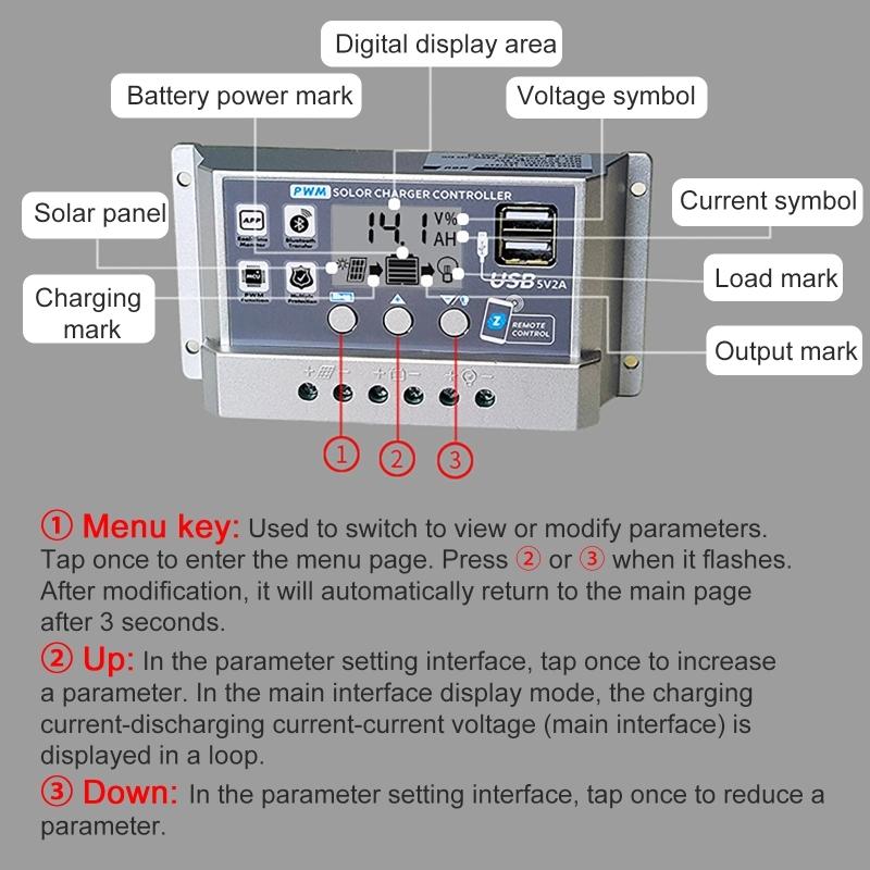 12V/24V 10A/20A/30A/40A/50A High Definition LCD Digital Display Bluetooth Solar Charge Controller Repair PWM Solar Controller