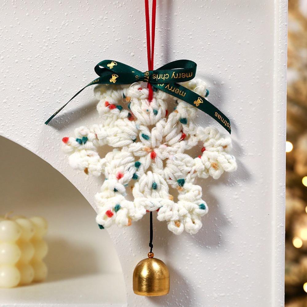 Hand-knitted Christmas Bell Pendant Creative 16cm Crochet Snowflake Pendant with Hanging Rope Ribbon Bow