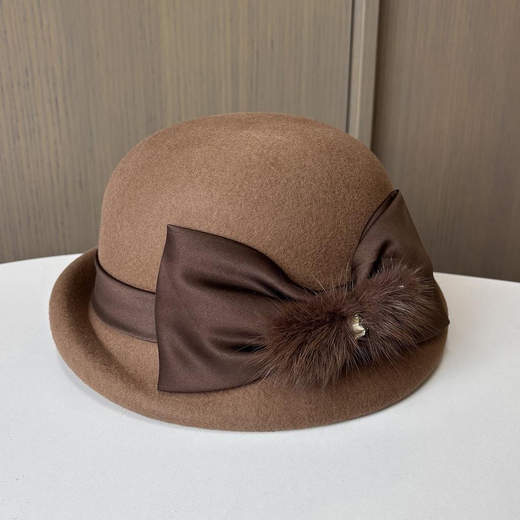 Autumn and winter new hairball satin bow bud hat women's woolen small edge crimping basin hat styling felt hat