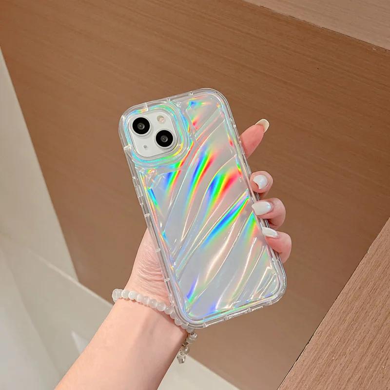 6D Laser Aurora Wave Pattern Glitter Case for IPhone 16E 15 14 13 12 11 Pro Max 17air 16 Soft Shock Protection Cover
