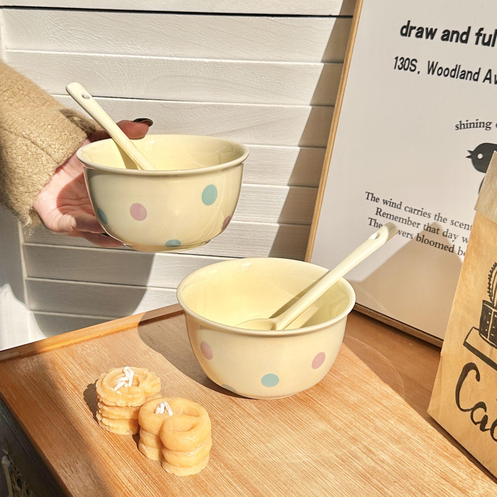 A Set of 4 Rainbow Polka Dot Cream Ceramic Tableware Cute Household Rice Bowl with Spoon Eating Dishes Soup Yogurt Dessert Bowls