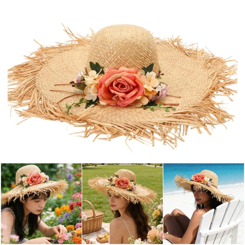 Wide Brims Beach Cap Elegant Straw Fisherman Hat With Floral Accents For Women Outdoor Beach Vacation And Sun Protection